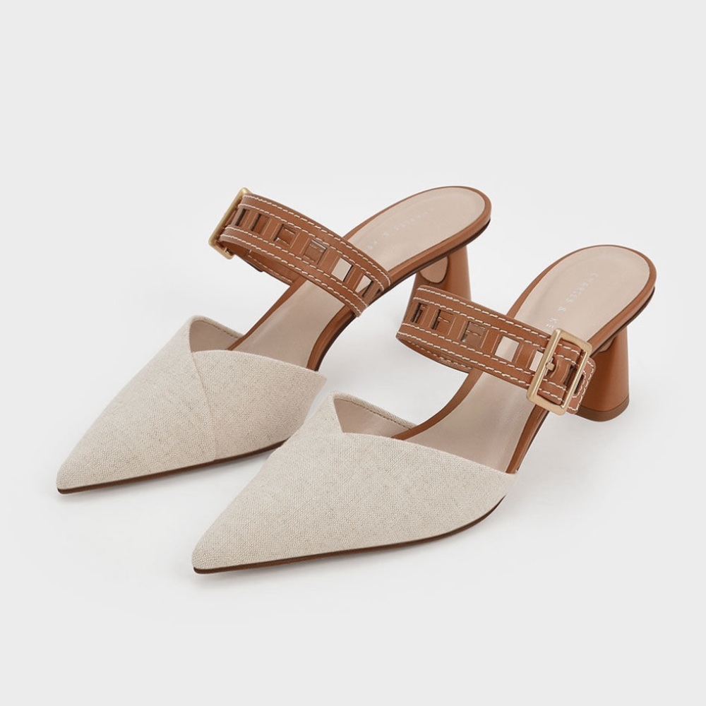 Charles & Keith Beige Pointed-Toe Slingback Heels with Brown Strap - Picture 3 of 10